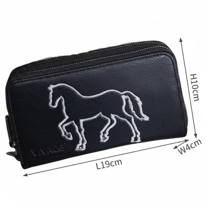 Vivace Wallet: Large BLACK Double Zipped Organiser with Horse detailing SIZE