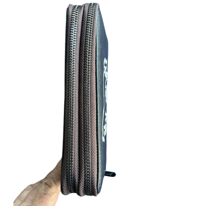Vivace Wallet: Large BLACK Double Zipped Organiser with Horse detailing closed side vew