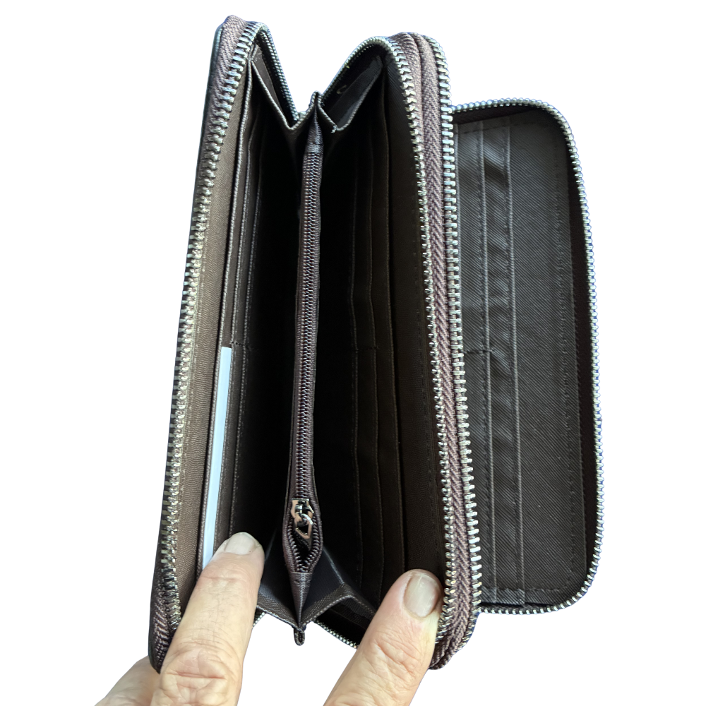 Vivace Wallet: Large BLACK Double Zipped Organiser with Horse detailing open coin pocket