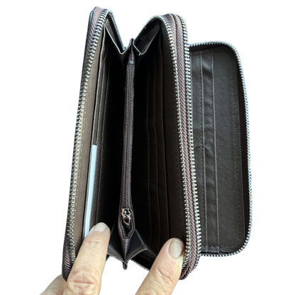 Vivace Wallet: Large BLACK Double Zipped Organiser with Horse detailing open coin pocket