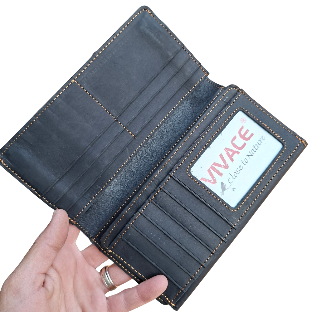 Vivace Wallet: Large BLACK Genuine Leather Tri-fold Card Wallet FIRST FOLD