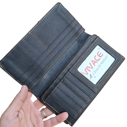Vivace Wallet: Large BLACK Genuine Leather Tri-fold Card Wallet FIRST FOLD