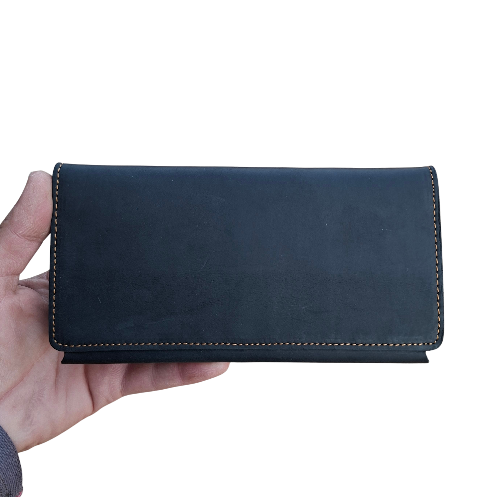 Vivace Wallet: Large BLACK Genuine Leather Tri-fold Card Wallet FRONT