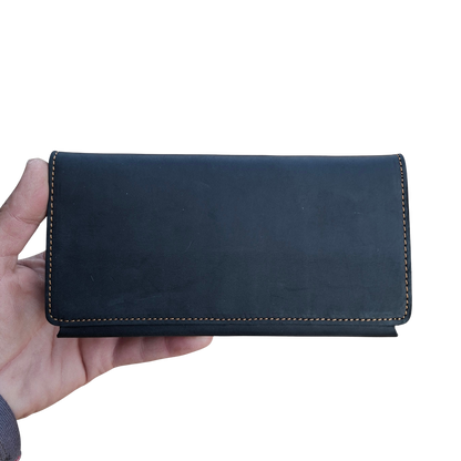 Vivace Wallet: Large BLACK Genuine Leather Tri-fold Card Wallet FRONT