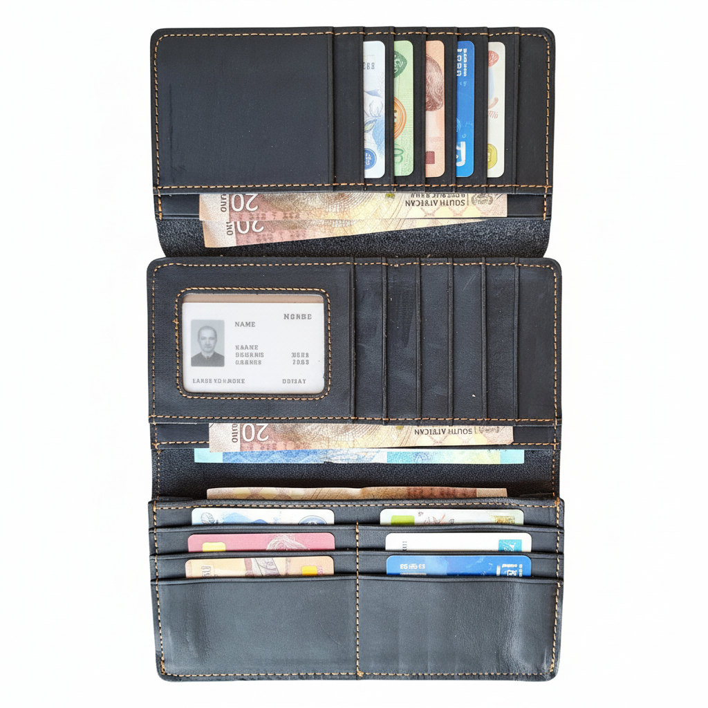 Vivace Wallet: Large BLACK Genuine Leather Tri-fold Card Wallet NOTE FILLED
