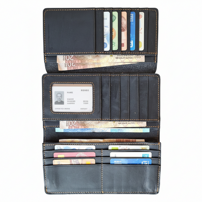 Vivace Wallet: Large BLACK Genuine Leather Tri-fold Card Wallet NOTE FILLED