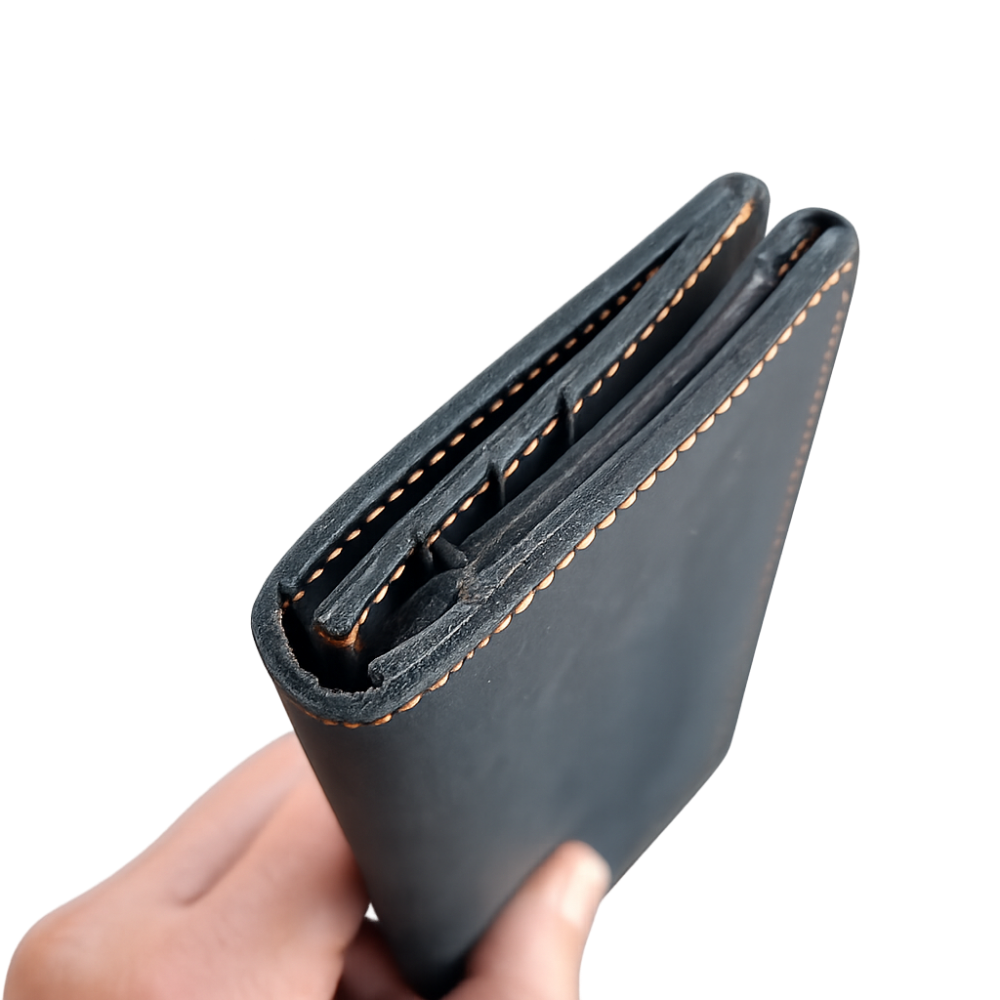 Vivace Wallet: Large BLACK Genuine Leather Tri-fold Card Wallet SDE VIEW