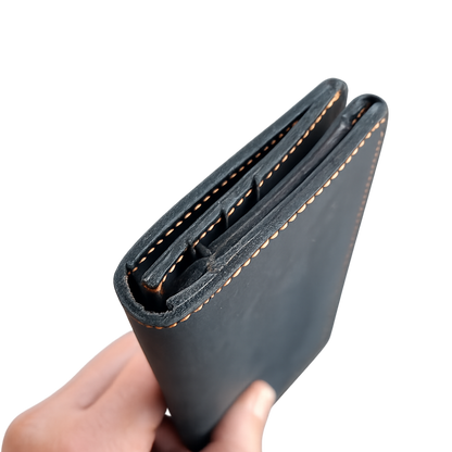 Vivace Wallet: Large BLACK Genuine Leather Tri-fold Card Wallet SDE VIEW