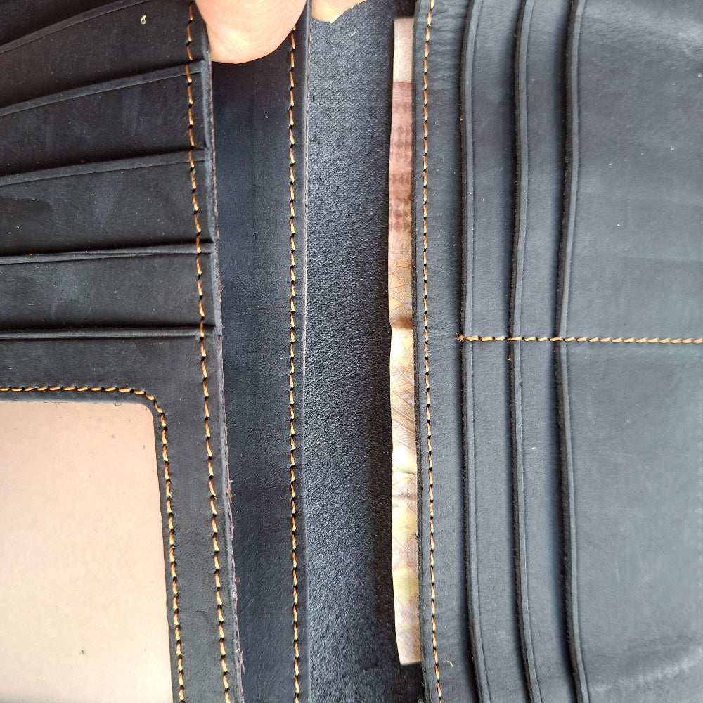 Vivace Wallet: Large BLACK Genuine Leather Tri-fold Card Wallet TRI FOLD OPEN NEAR VIEW