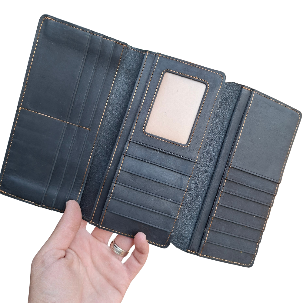 Vivace Wallet: Large BLACK Genuine Leather Tri-fold Card Wallet TRI FOLD OPEN VIEW