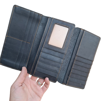 Vivace Wallet: Large BLACK Genuine Leather Tri-fold Card Wallet TRI FOLD OPEN VIEW