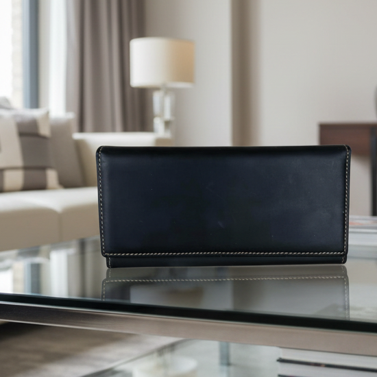 Vivace Wallet: Large BLACK Genuine Leather Wallet with Twin Zip Pockets