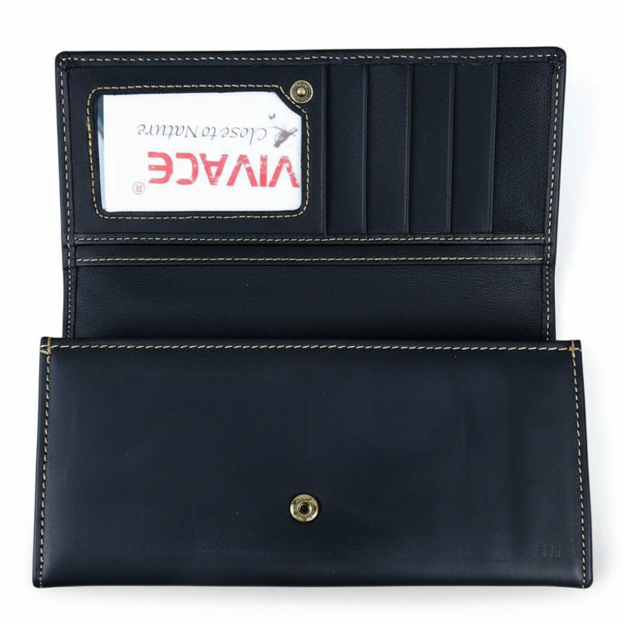 Vivace Wallet: Large BLACK Genuine Leather Wallet with Twin Zip Pockets CARD POCKETS