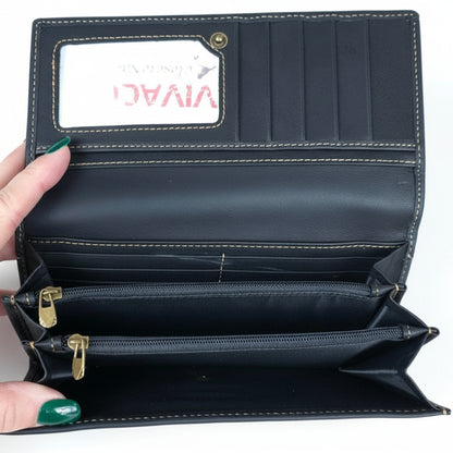 Vivace Wallet: Large BLACK Genuine Leather Wallet with Twin Zip Pockets CARD POCKETS OPEN