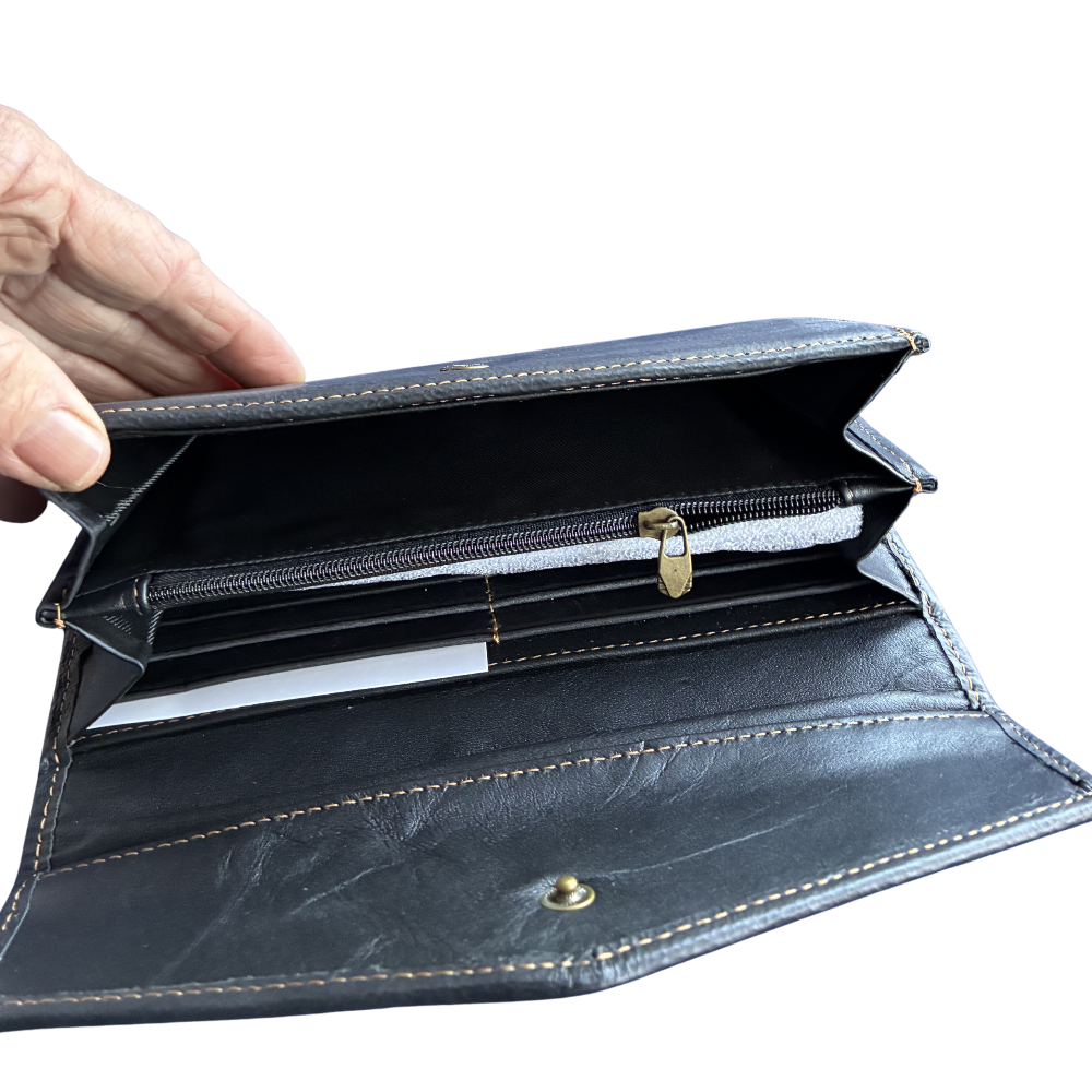 Vivace Wallet: Large BLACK TRI-FOLD Genuine Leather Wallet FLAP OPEN VIEW