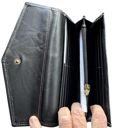 Vivace Wallet: Large BLACK TRI-FOLD Genuine Leather Wallet OPEN