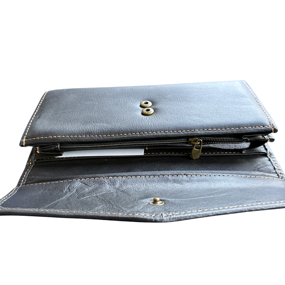 Vivace Wallet: Large BLACK TRI-FOLD Genuine Leather Wallet SIDE OPEN VIEW