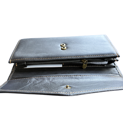 Vivace Wallet: Large BLACK TRI-FOLD Genuine Leather Wallet SIDE OPEN VIEW