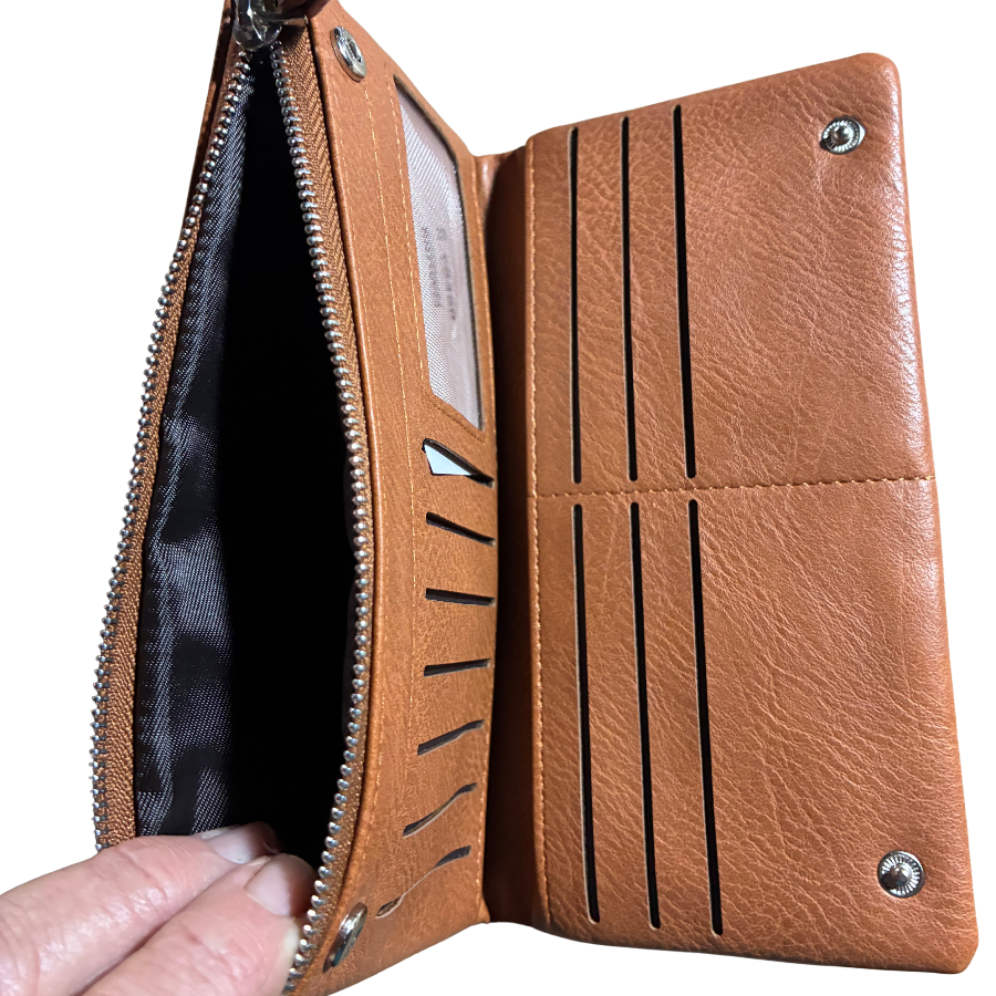 Vivace Wallet: Large BROWN Soft PU Leather Textured Organiser COIN POCKET OPEN