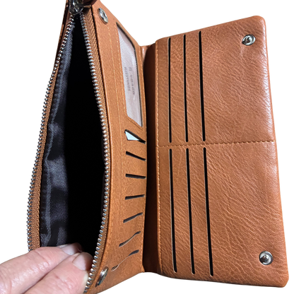 Vivace Wallet: Large BROWN Soft PU Leather Textured Organiser COIN POCKET OPEN