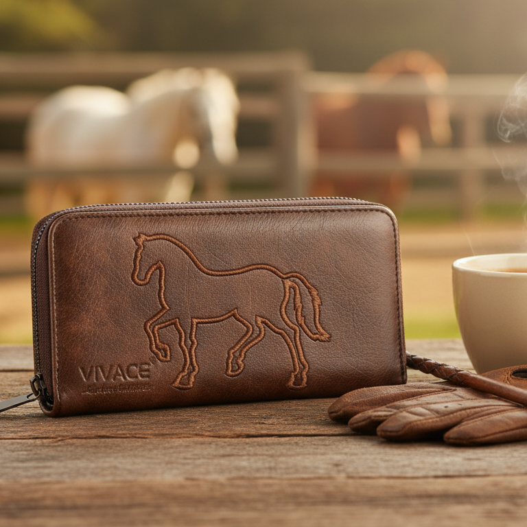 Vivace Wallet: Large CHOCOLATE BROWN Double Zipped Organiser with Horse detailing LIFESTYLE