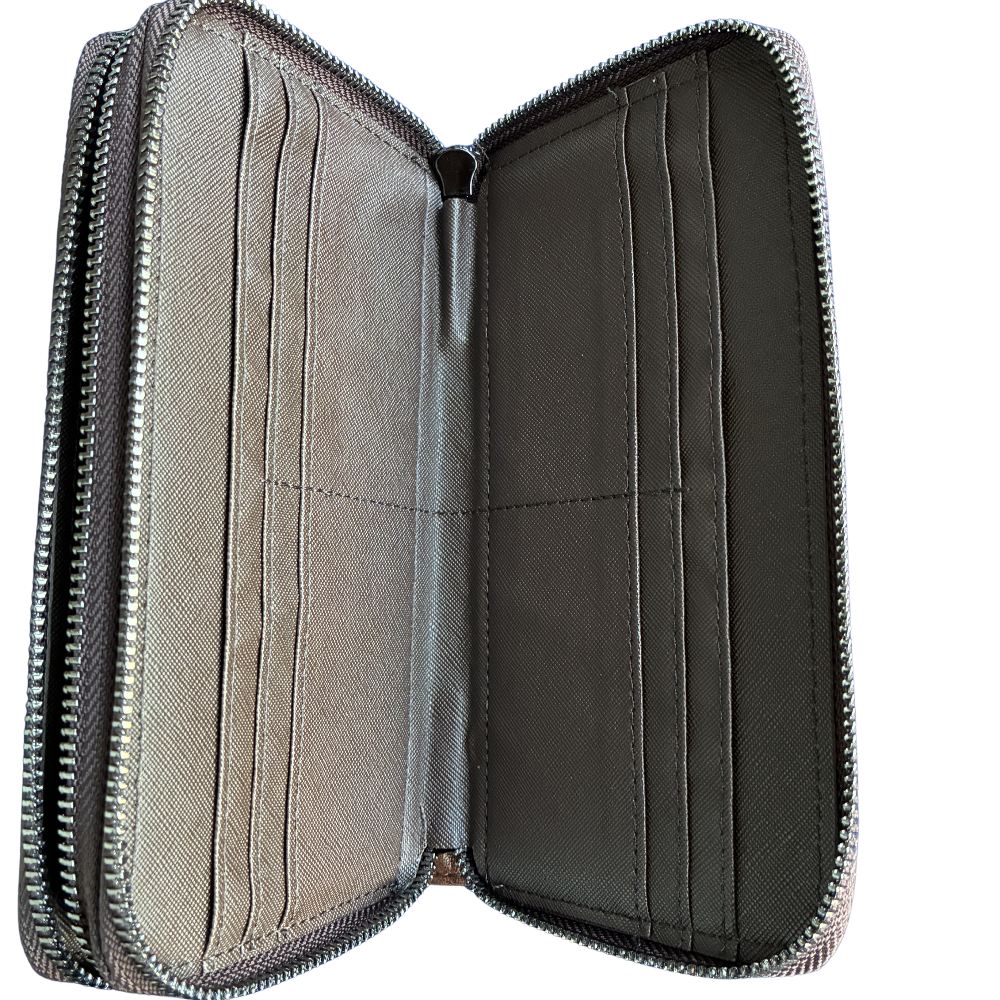 Vivace Wallet: Large CHOCOLATE BROWN Double Zipped Organiser with Horse detailing front open view