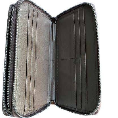 Vivace Wallet: Large CHOCOLATE BROWN Double Zipped Organiser with Horse detailing front open view