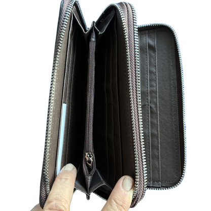Vivace Wallet: Large CHOCOLATE BROWN Double Zipped Organiser with Horse detailing open coin pocket