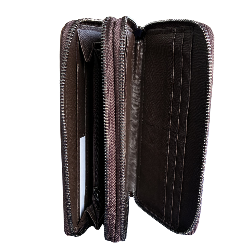 Vivace Wallet: Large CHOCOLATE BROWN Double Zipped Organiser with Horse detailing open side view