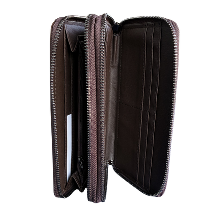 Vivace Wallet: Large CHOCOLATE BROWN Double Zipped Organiser with Horse detailing open side view