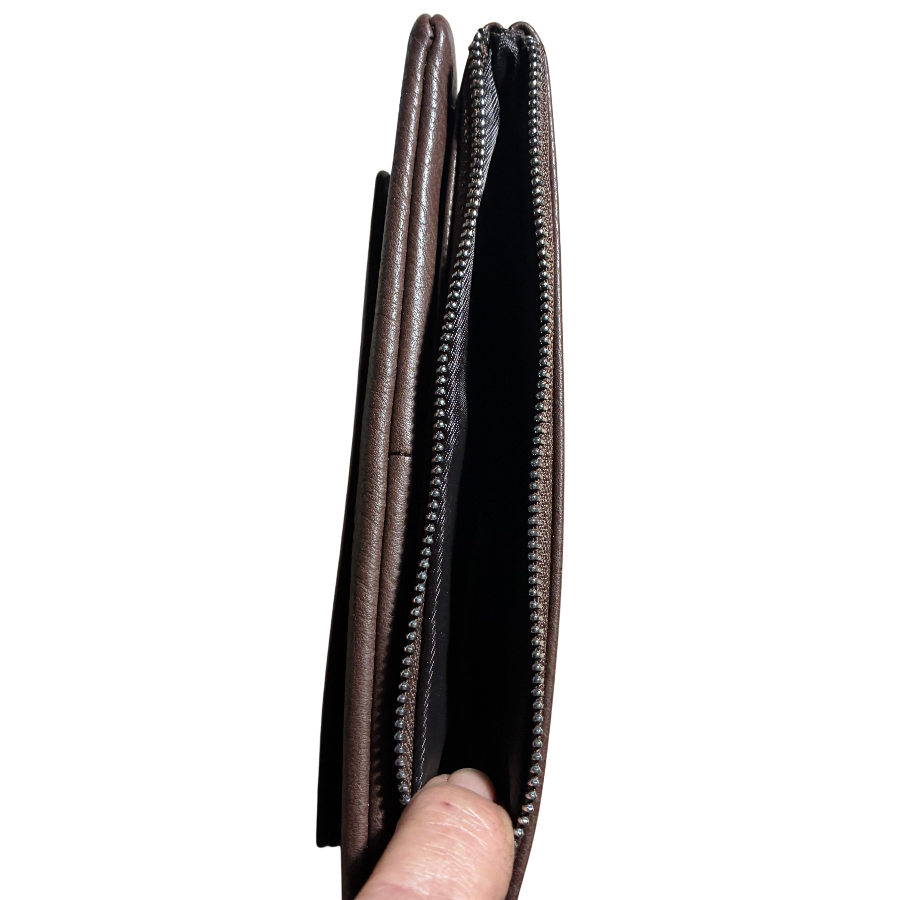 Vivace Wallet: Large COFFEE BROWN Soft PU Leather Textured Organiser FRONT OPEN COIN POCKET