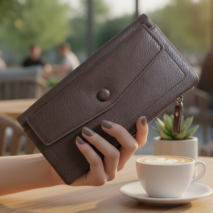 Vivace Wallet: Large COFFEE BROWN Soft PU Leather Textured Organiser HERO