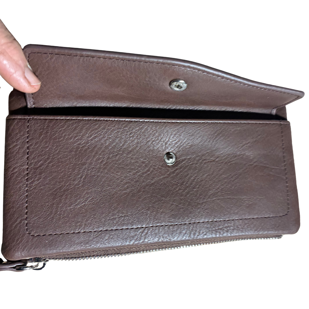 Vivace Wallet: Large COFFEE BROWN Soft PU Leather Textured Organiser OPEN FRONT POCKET VIEW