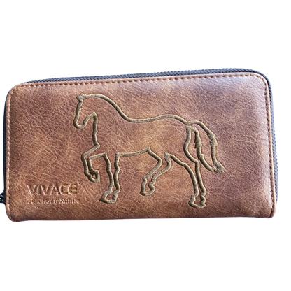 Vivace Wallet: Large Chestnut BROWN Double Zipped Organiser with Horse detailing