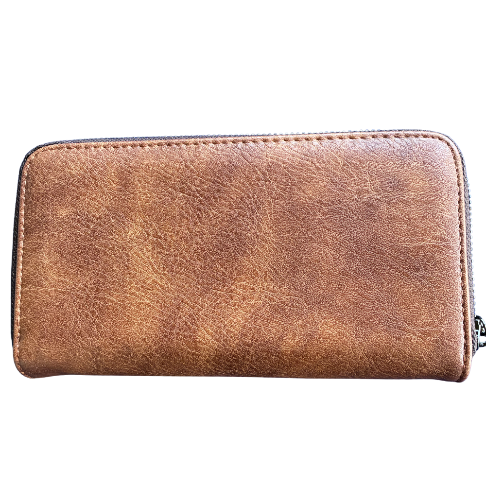 Vivace Wallet: Large Chestnut BROWN Double Zipped Organiser with Horse detailing BACK