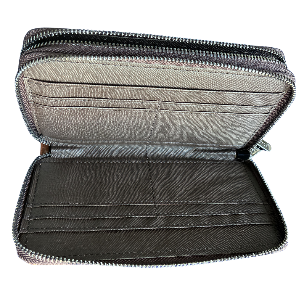Vivace Wallet: Large Chestnut BROWN Double Zipped Organiser with Horse detailing OPEN