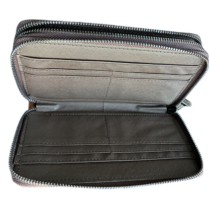 Vivace Wallet: Large Chestnut BROWN Double Zipped Organiser with Horse detailing OPEN