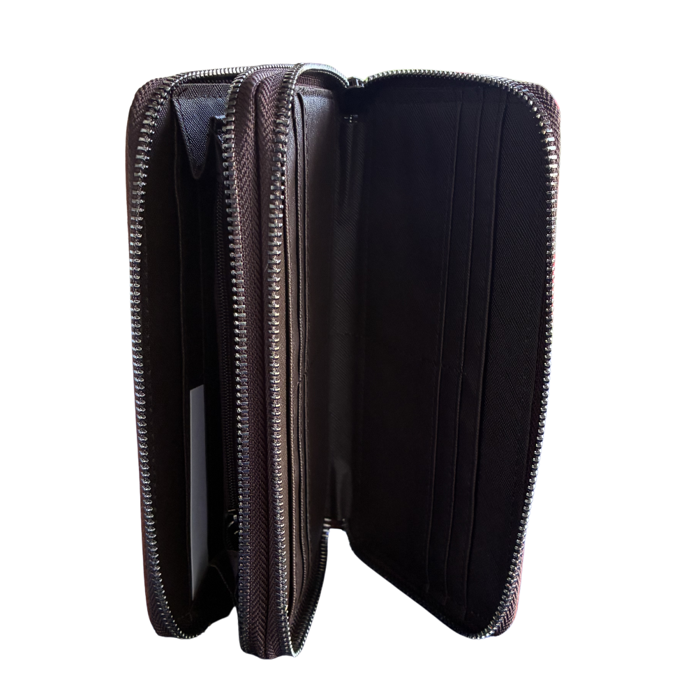 Vivace Wallet: Large Chestnut BROWN Double Zipped Organiser with Horse detailing OPEN SIDE VIEW