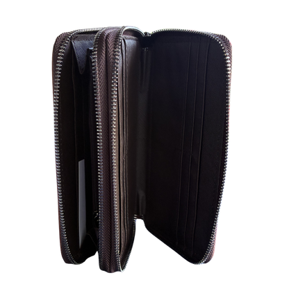 Vivace Wallet: Large Chestnut BROWN Double Zipped Organiser with Horse detailing OPEN SIDE VIEW