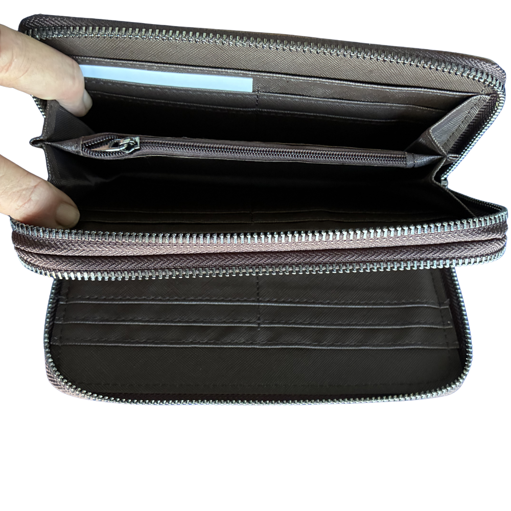 Vivace Wallet: Large Chestnut BROWN Double Zipped Organiser with Horse detailing OPEN TO COIN POCKET