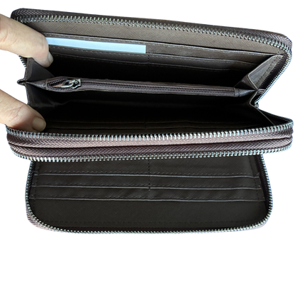 Vivace Wallet: Large Chestnut BROWN Double Zipped Organiser with Horse detailing OPEN TO COIN POCKET