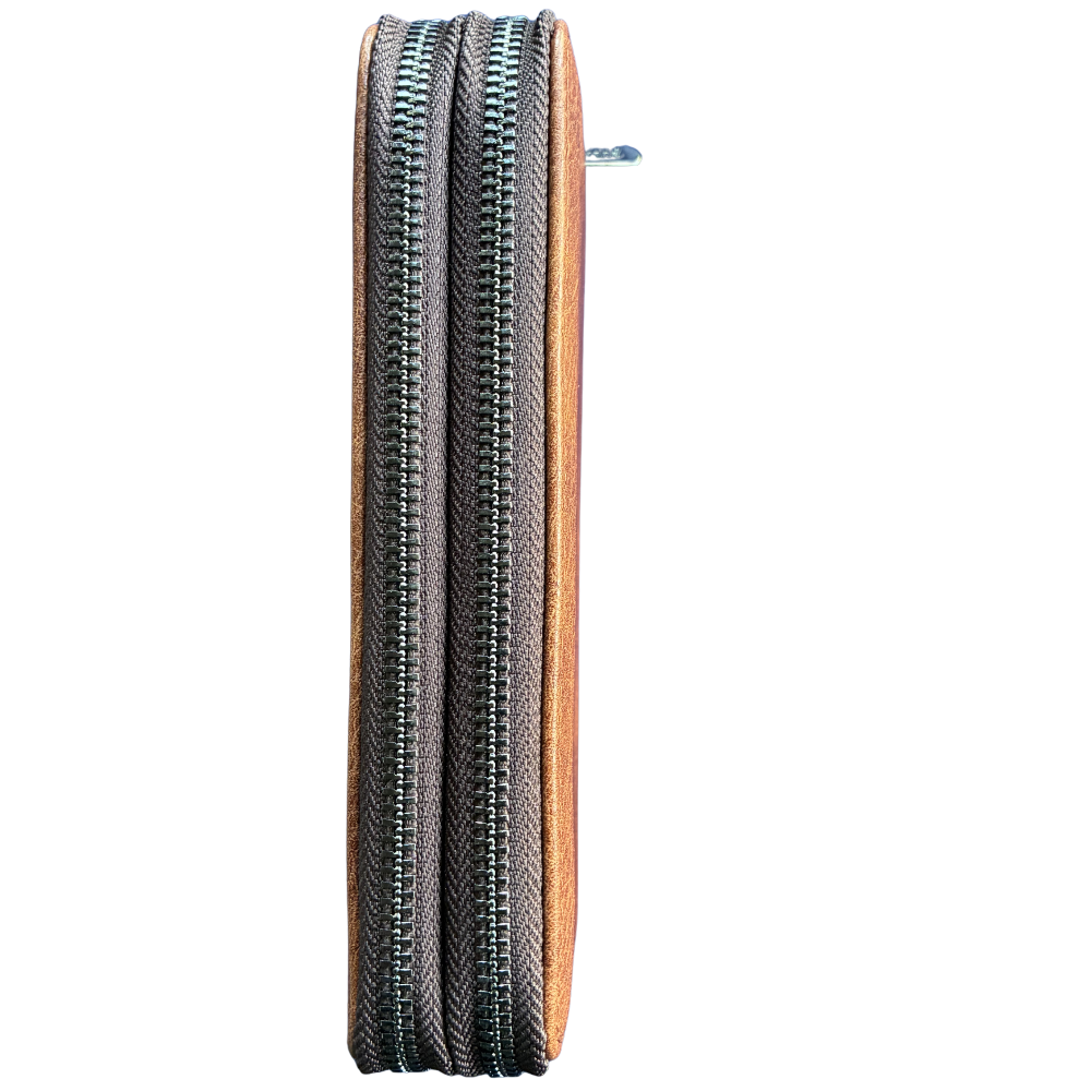 Vivace Wallet: Large Chestnut BROWN Double Zipped Organiser with Horse detailing SIDE