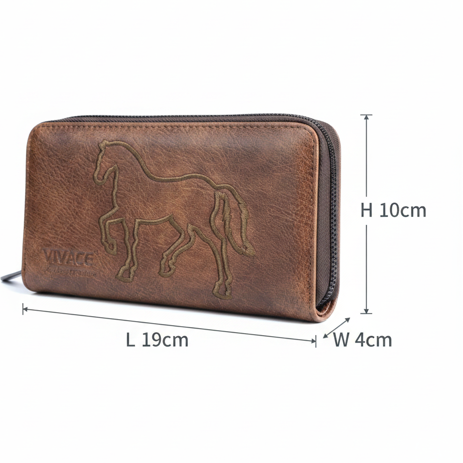 Vivace Wallet: Large Chestnut BROWN Double Zipped Organiser with Horse detailing SIZE