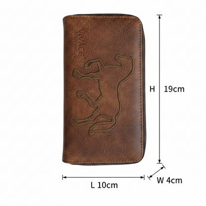 Vivace Wallet: Large Chestnut BROWN Double Zipped Organiser with Horse detailing SIZED
