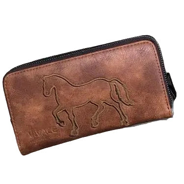 Vivace Wallet: Large Chestnut BROWN Double Zipped Organiser with Horse detailing ZOOM