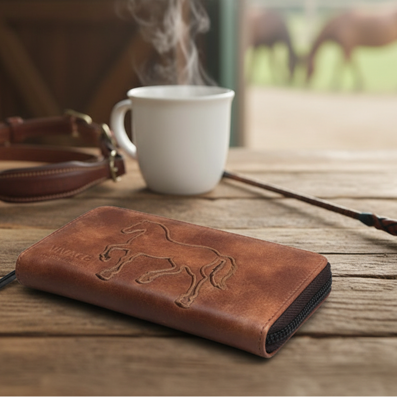 Vivace Wallet: Large Chestnut BROWN Double Zipped Organiser with Horse detailing
