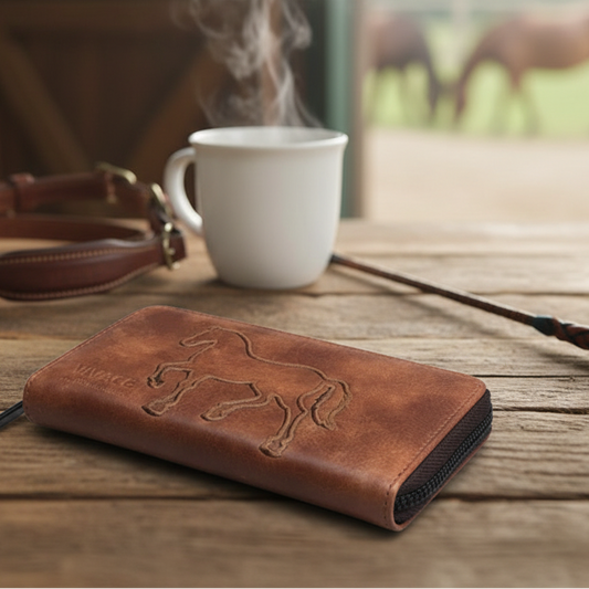 Vivace Wallet: Large Chestnut BROWN Double Zipped Organiser with Horse detailing