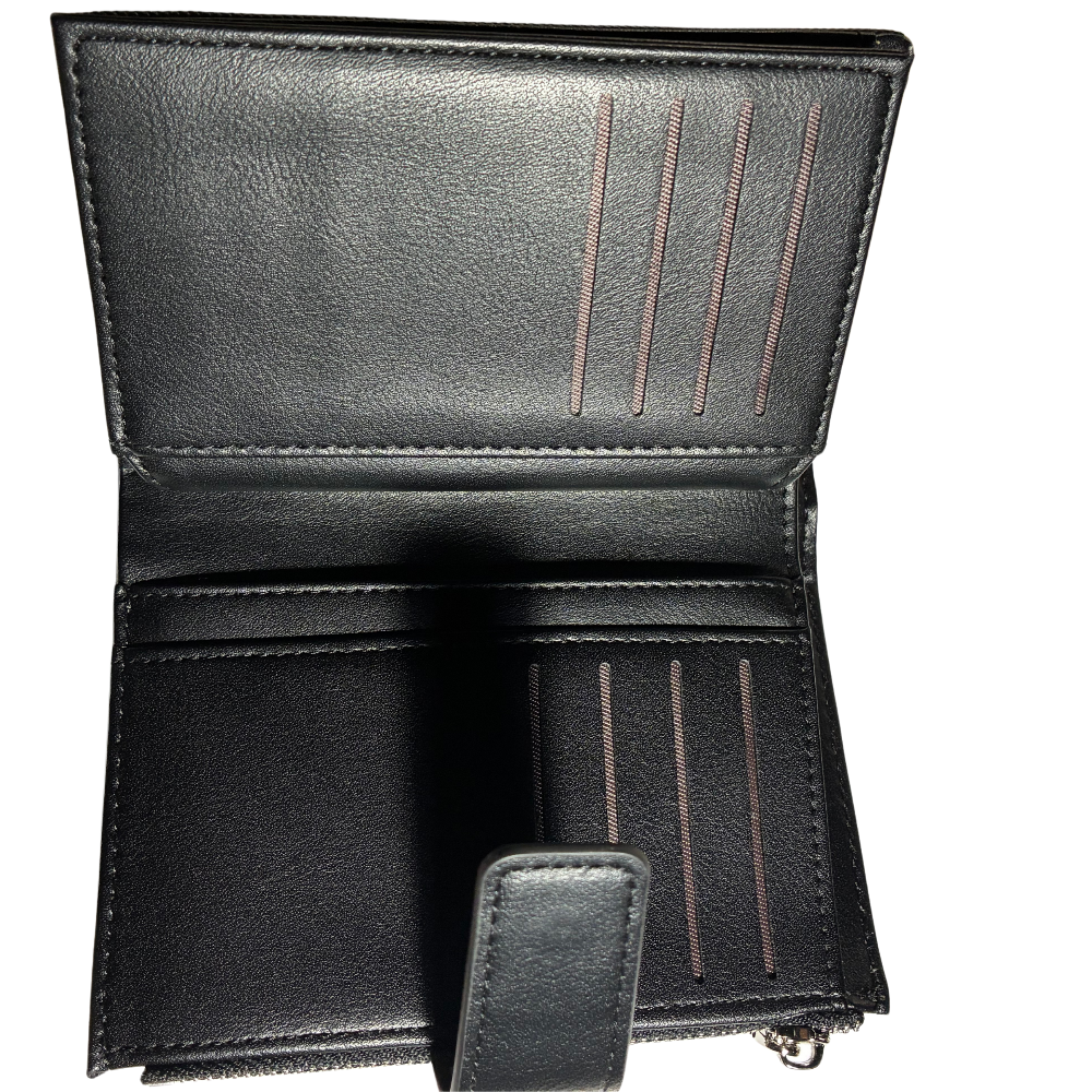 Vivace Wallet: Medium BLACK Soft Canvas Purse with PU Leather Trim OPEN BOOK VIEW