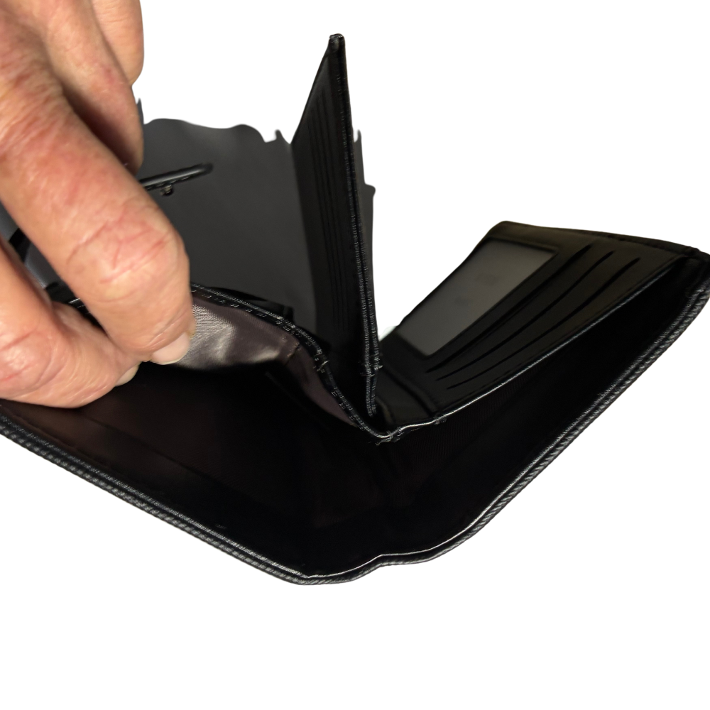 Vivace Wallet: Medium BLACK Soft Canvas Purse with PU Leather Trim OPEN NOTE POCKET VIEW