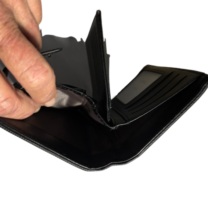 Vivace Wallet: Medium BLACK Soft Canvas Purse with PU Leather Trim OPEN NOTE POCKET VIEW